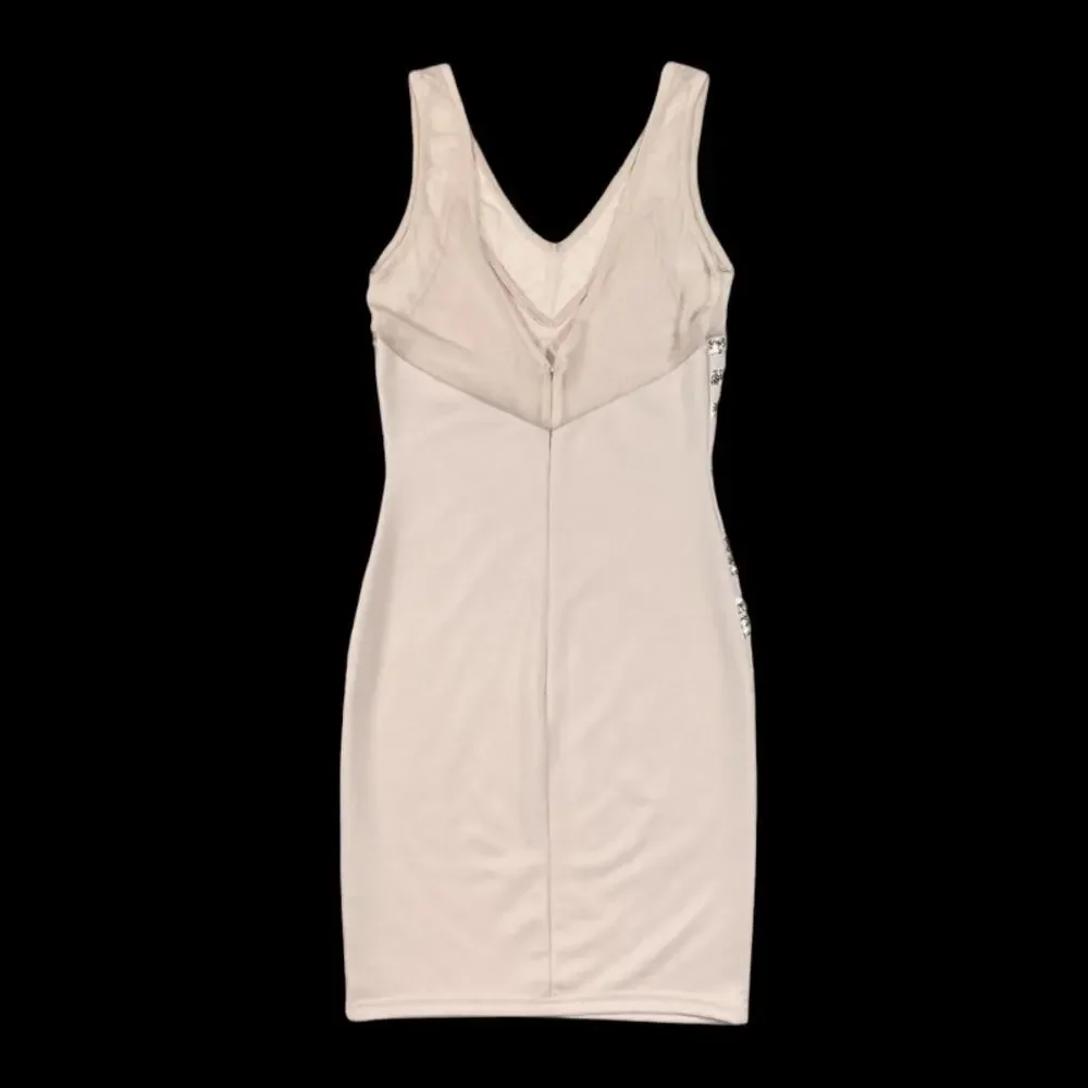 Eden Metallic Foil Sequin Tan/Silver Beaded Mini Dress | Size XS